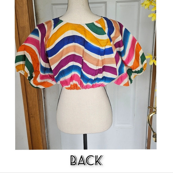 NWT FARM Rio 'Dancing Stripes' Puff Sleeve Crop Top, Size XS - Picture 6 of 16